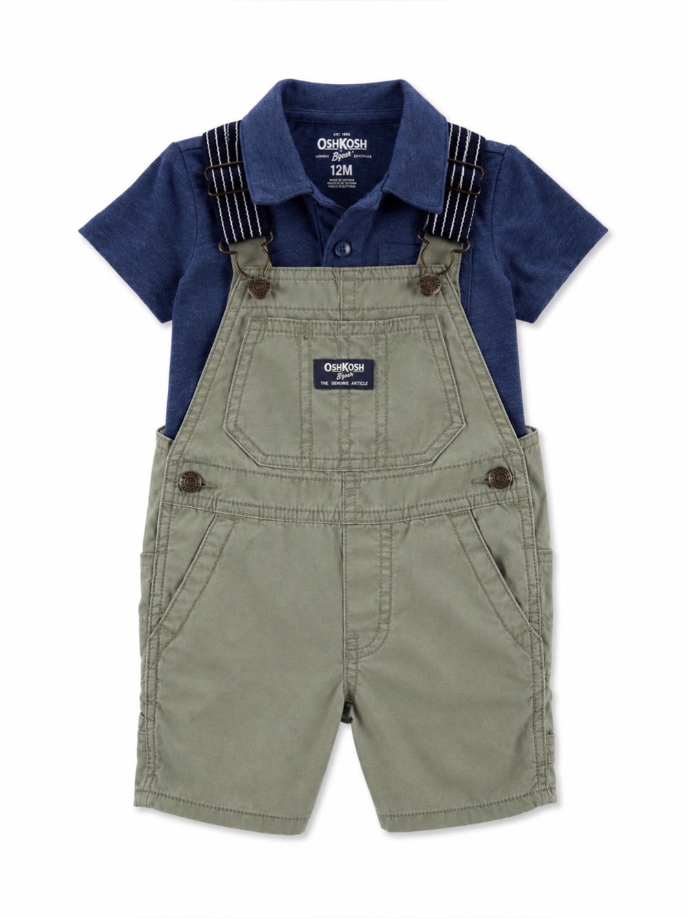 Oshkosh Olive Green & Navy Blue Polo Bodysuit & Overalls Outfit Size 12M